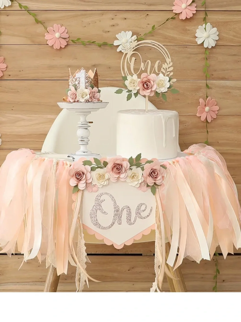 Wildflowers Peach and Cream Floral First Birthday Banner & Cake Topper Set of 4